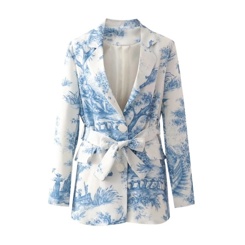 

Women Chinese Style Printing Sashes Casual Suit Coat Female Long Sleeve Outerwear Fashion Lady Loose Tops