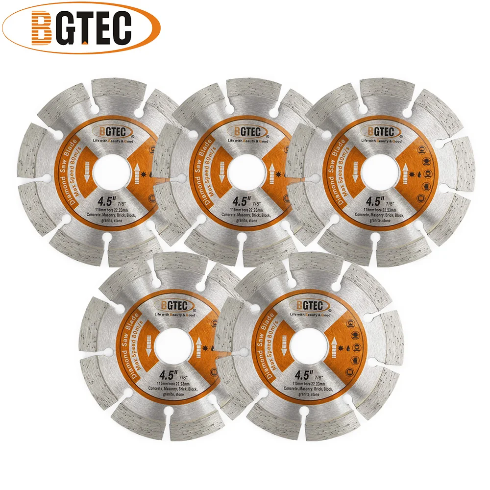 

BGTEC 5pcs 4.5" Hot Pressed Diamond Segmented Saw Blades 115MM Cutting Disc for Granite Marble Stone Tile Concrete