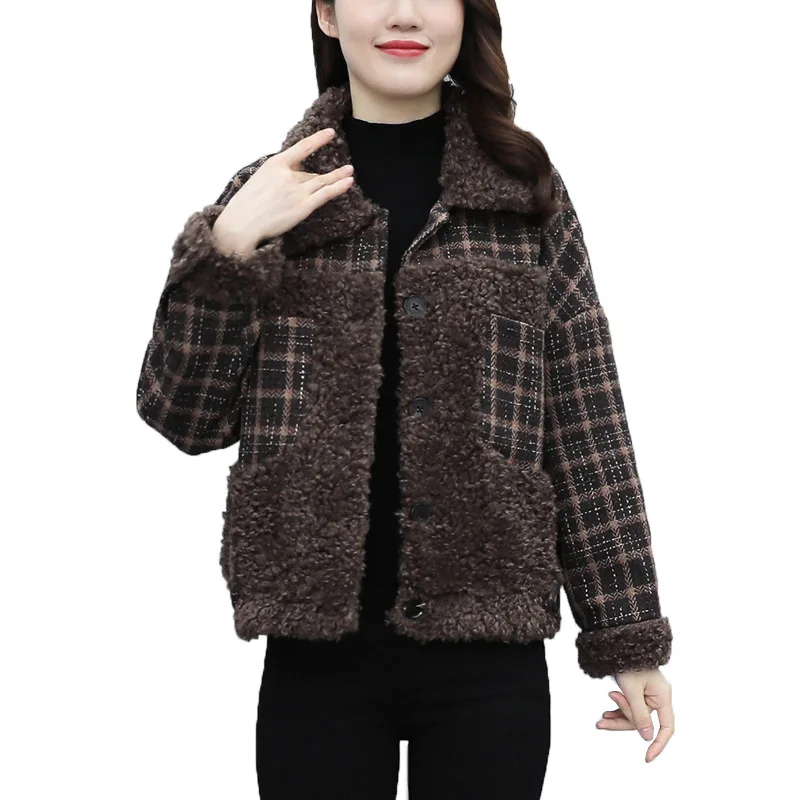 2021 Women Lamb Velvet Jacket Autumn Winter New Woolen Plaid Stitching Short Parka Coat  Female Lapel Loose Short Thick Jacket