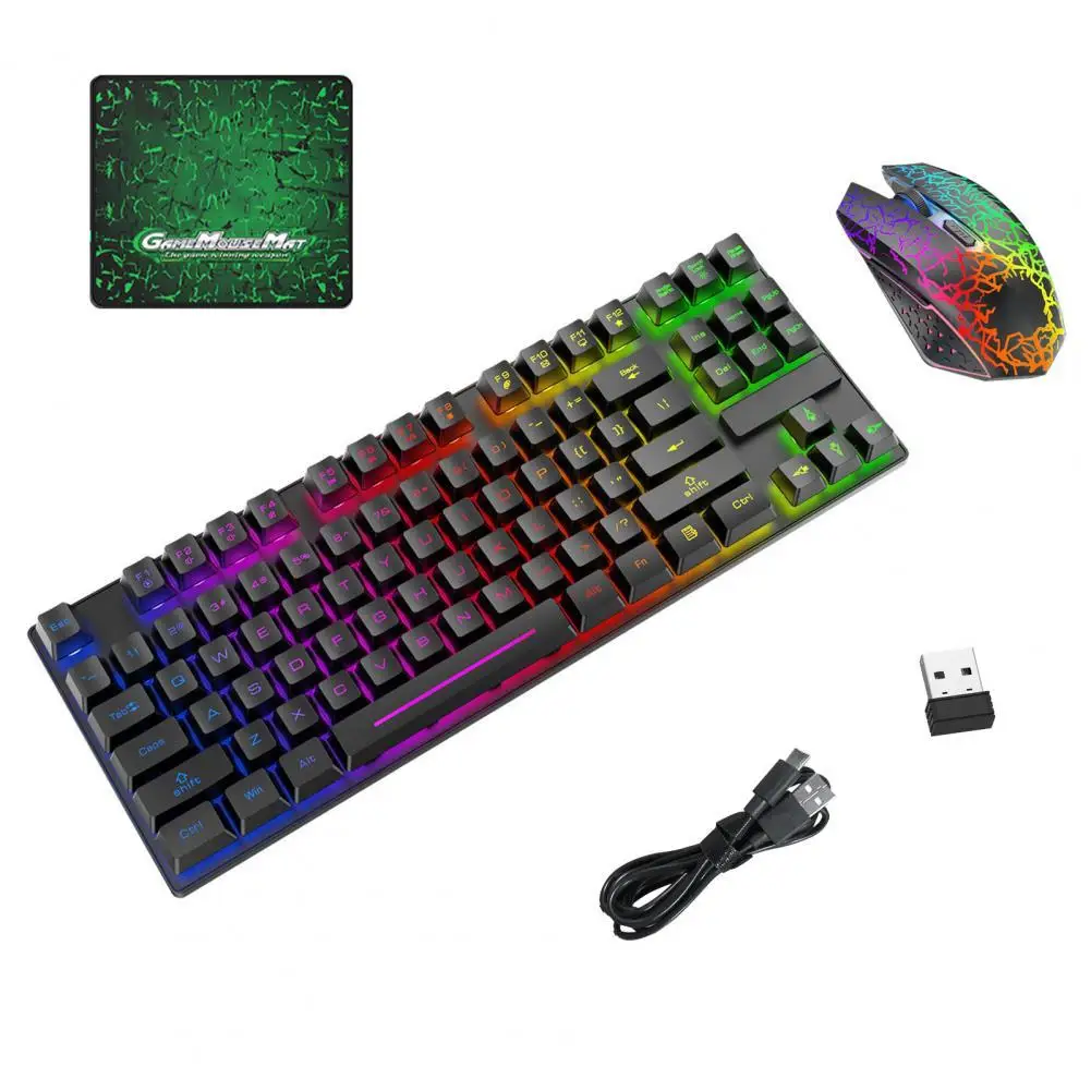 

T87 беспроводная клавиатура и мышь с быстрым откликом, RGB подсветка, водонепроницаемая игровая настольная мышь для геймеров со стандартным ковриком для мыши