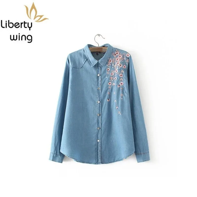 Женская Джинсовая блузка рубашка большого размера с длинным рукавом и цветочной