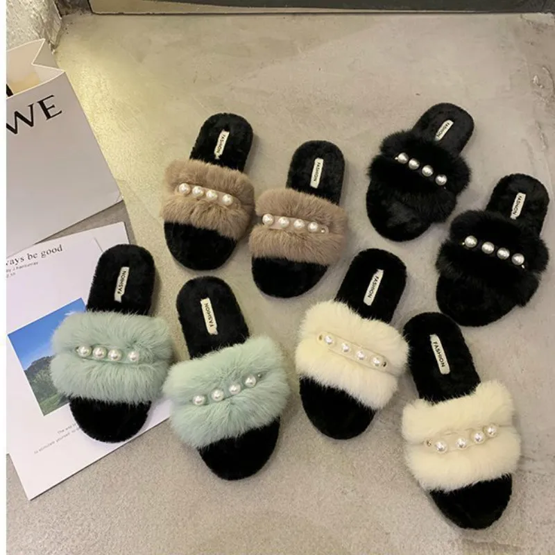 

New Autumn And Winter Cotton Slippers Outside Furry String Bead Fashion Keep Warm Non-slip Solid Plush Square heel High Quality