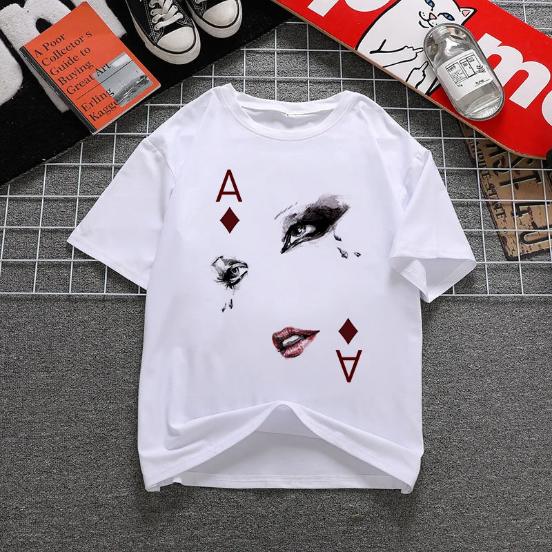 

Poker mask Print T shirt Women Fashion Tshirt O neck Short Sleeve Harajuku T shirt White Tops Female Tops