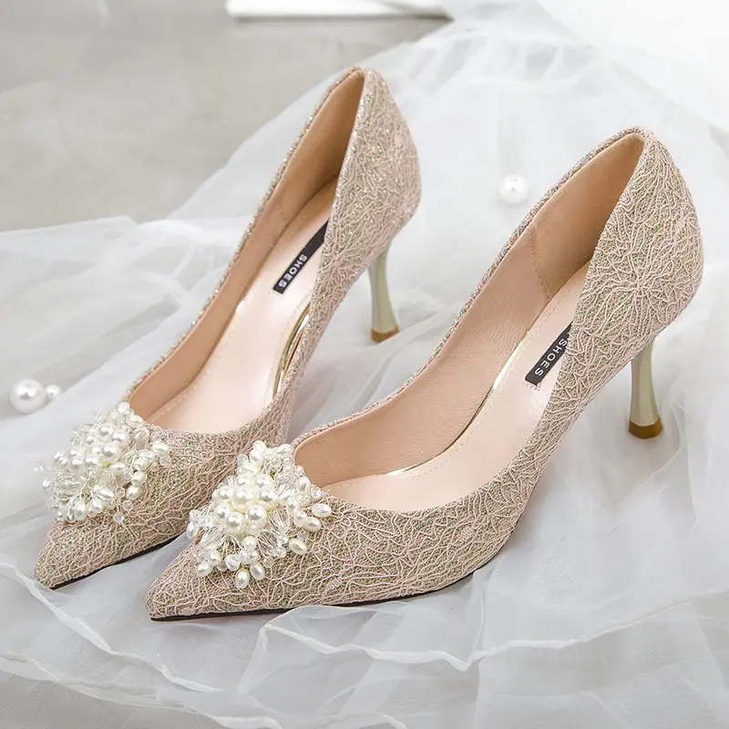 Women Pumps Sexy Pointed Beaded Single Shoes Woman High Heel Shoes Stiletto Shallow Mouth Wedding Dress Shoes Zapatillas Mujer