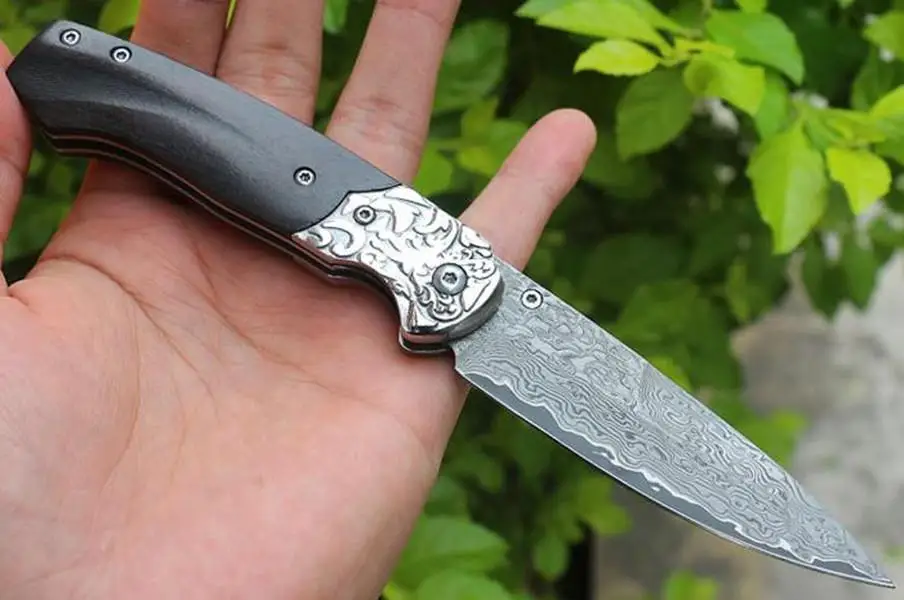 

2021 HW237 Outdoor Damascus Wooden Folding Knife Self-defense Tool Wilderness Portable Survival Knives Protection Equipment