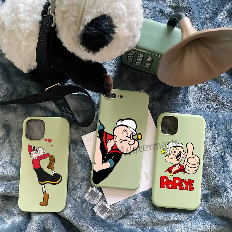 

Popeye The Sailor Man Phone Case For IPhone 12 11 13 Pro Max Xs X Xr 8 7 6s 6 Plus Light Green Candy Colors Cover
