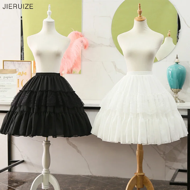 JIERUIZE Lolita Cosplay jupon blanc noir mousseline de soie dentelle robe de bal courte Crinoline