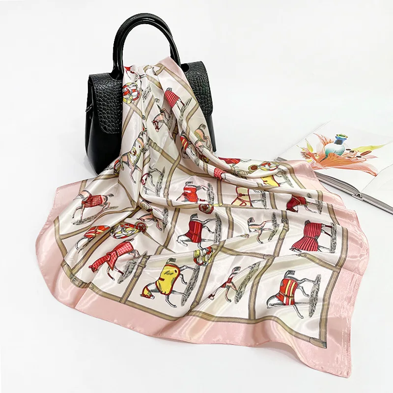

2021 Fashion Luxury Silk Scarf Women Design Horse Print Square Small Bag Wrap Bohemian Retro Ladies Scarves Foulard New Hijab