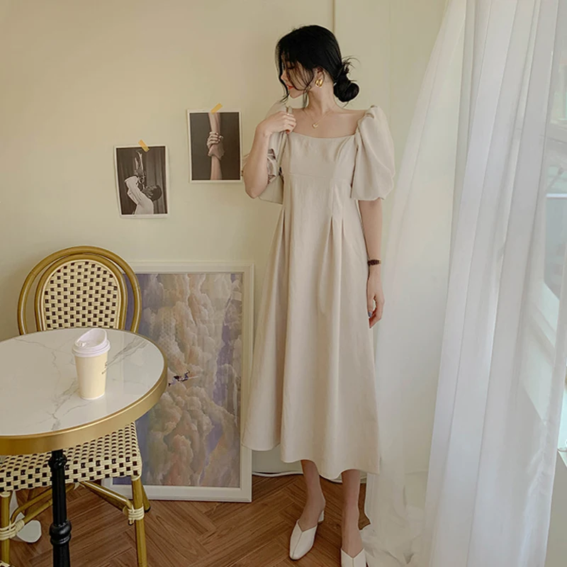 

Summer Retro Short-sleeved Dress Women Casual Square Collar Dresses Elegant Slim Waist Ladies Dresses Fashion Vintage Dress