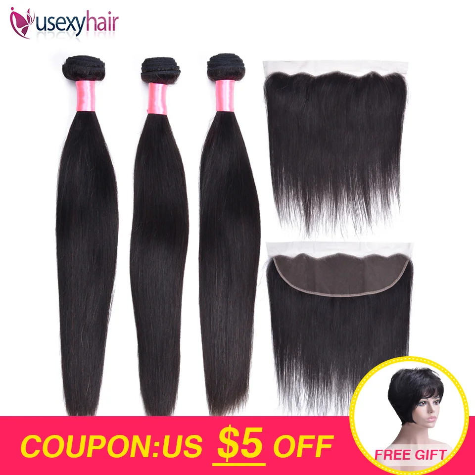 USEXY волосы 3 пряди с фронтальной бразильской прямой на кружеве натуральные
