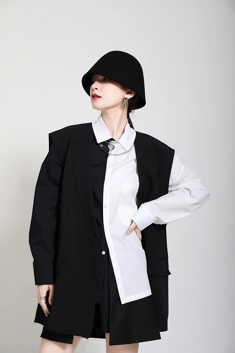 

MSXU 2020 Women's Trendy Suit Collar Stitching Printing One Button Women's Pants Vest Jacket