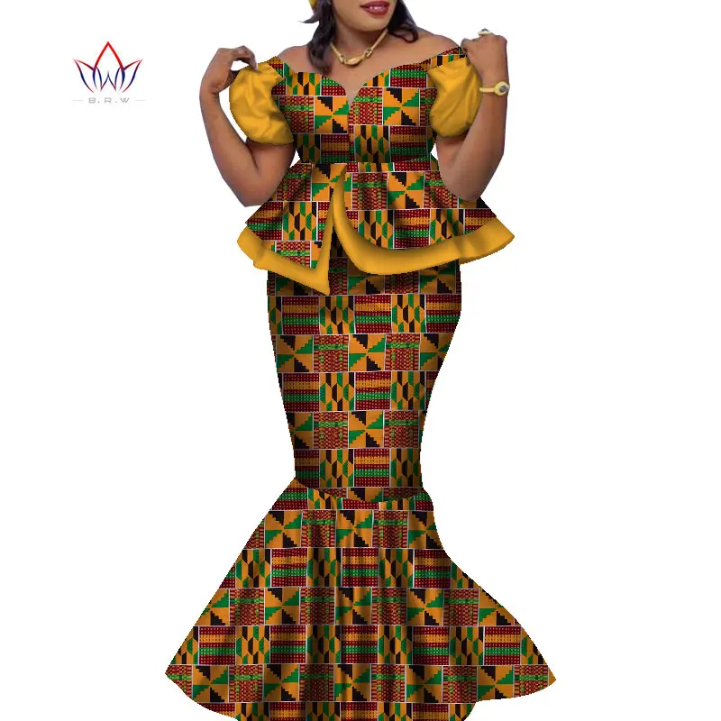 Bintarealwax Africa Style Two Piece Skirt Set Dashiki Elegant Clothing Ruffles Crop Top and Skirt Women Sets for Wedding WY9085