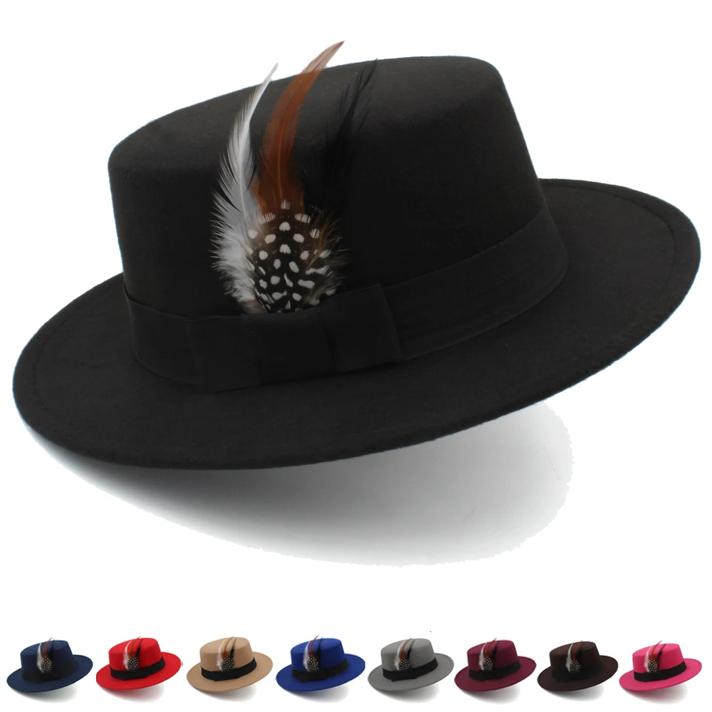 

2 Sizes Parent-child Men Women Kids Feather Band Boater Hats Sombrero Sunhat Flat Top Sailor Caps Party Travel Street Styles