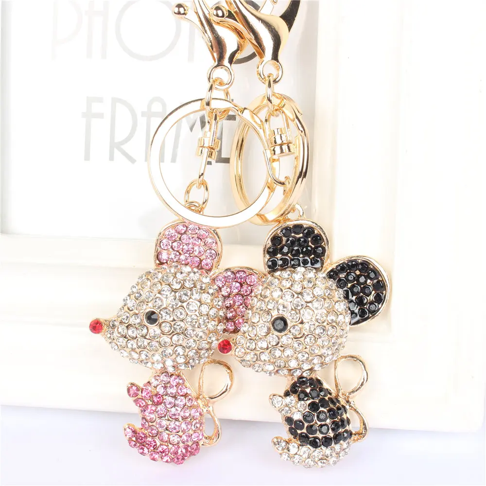 

New Black Pink Rat Mouse Key Chain Keyring Rhinestone Crystal Pendant Charm for Handbag Purse Bag Carkey Gift