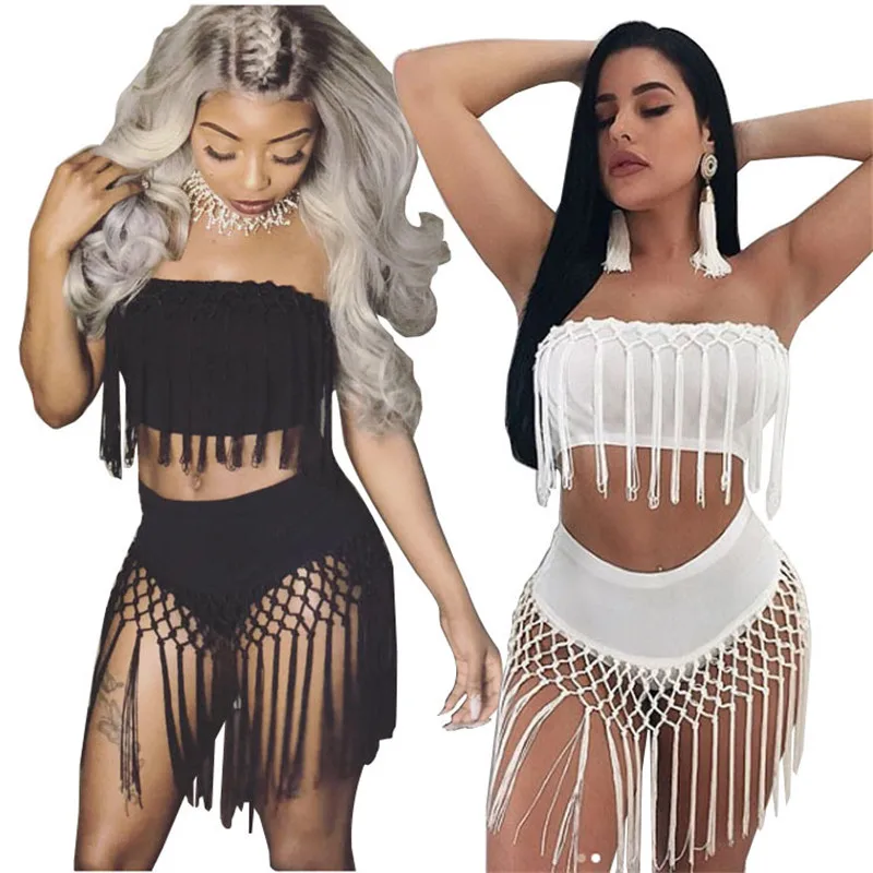 

Tassel Two Piece Sets Women's Costumes Summer Beach Sleeveless Strapless Crop Top and Skirt Two Piece Short Set Clubwear