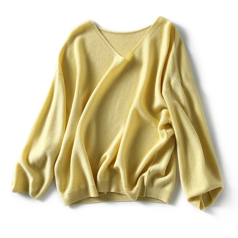 

YIZZHOY Spring Autumn Women Casual Lantern Sleeve Loose High Waist Pullover Office Lady Solid Color V-neck Knitting Sweater