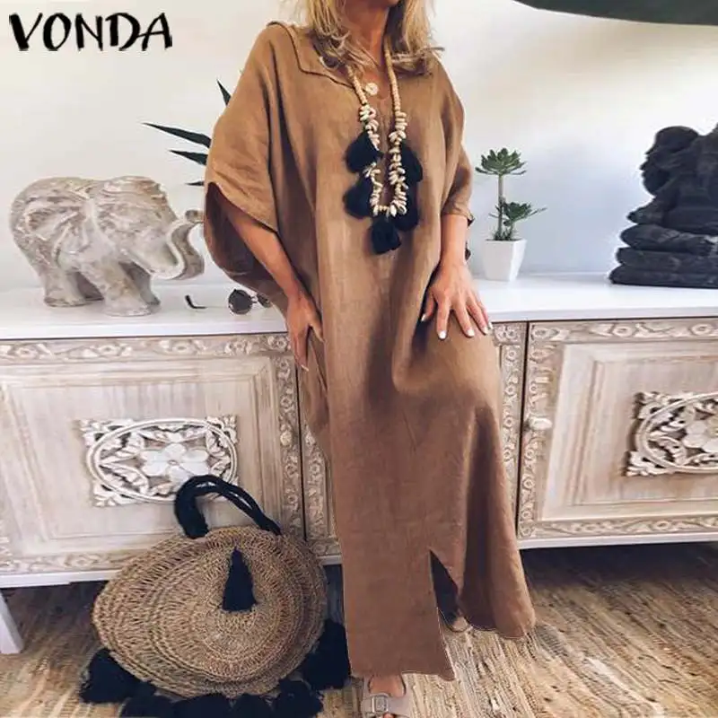 VONDA размера плюс длинное платье Макси женское винтажное платье с коротким рукавом весна лето повседневное свободное платье