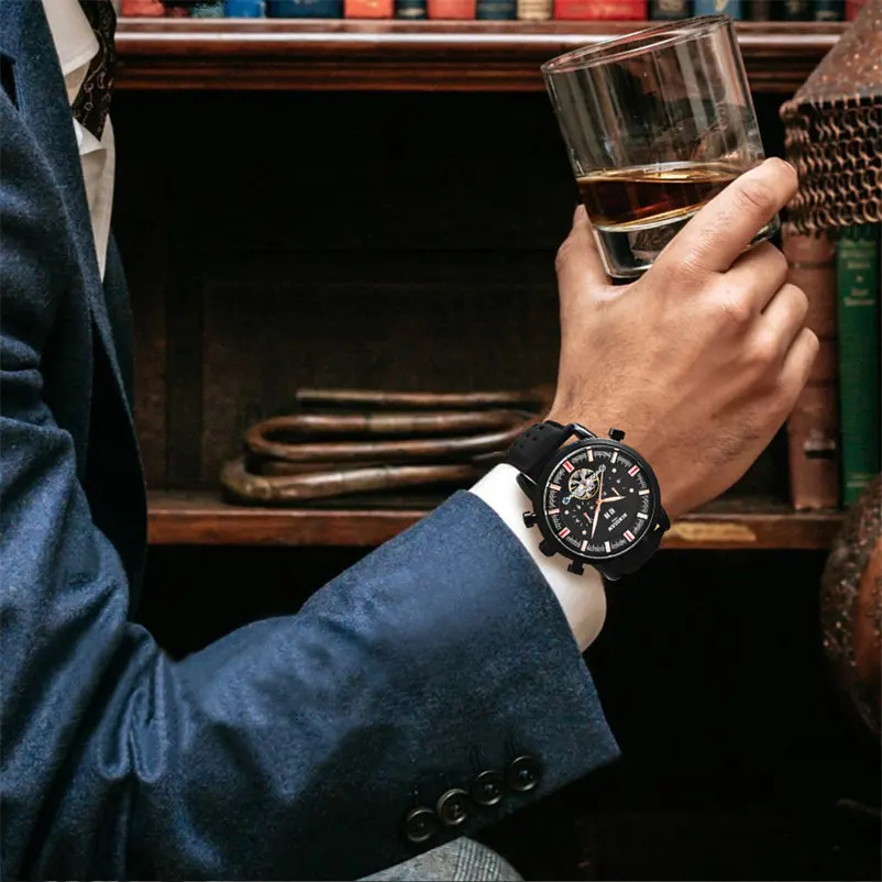 

Men Tourbillon Automatic Mechanical Watch Fashion Casual Leather Military Sport Luxury Brand Self-Wind Watches Relogio Masculino