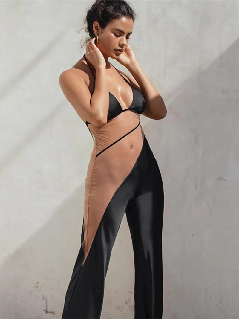 

Женское модное Сетчатое боди с вырезами в стиле пэчворк комбинезон с открытой спиной прозрачные длинные прямые брюки для вечерние НКИ Клуб...