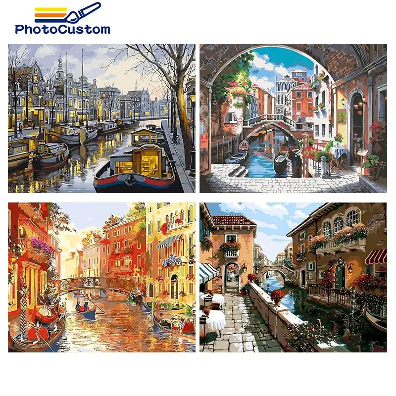 

PhotoCustom Pictures By Number Riverside Shop Drawing On Canvas HandPainted Wall Art DIY Home Decor DIY Gift