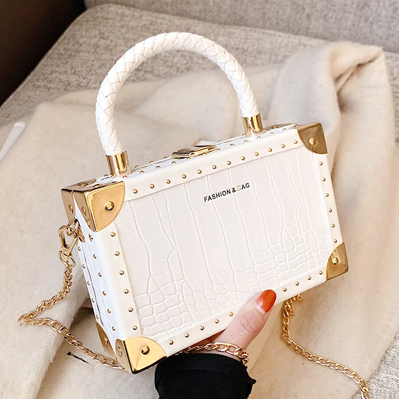 

Retro Box Bags Girl Casual Cellphone Purse pu leather ladies Metal Rivets Messenger Women Small Square pack Luxury Brand Bag