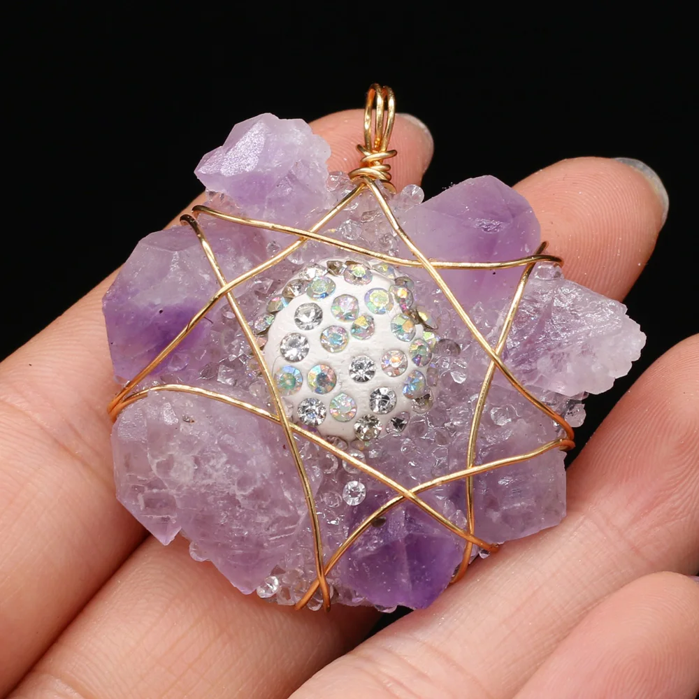 

Natual Amethysts Pendant Wrapped Stone Beads Flower Shape Pendant for Making Women DIY Jewelry Necklace Gift Size 40x50mm