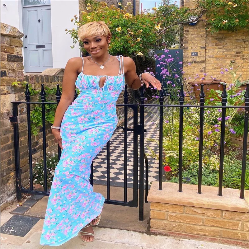 

Floral Print Drawstring Summer Dress Female Ruched Hollow Out Strap Casual Midi Long Dresses Sexy Backless Bodycon Dress