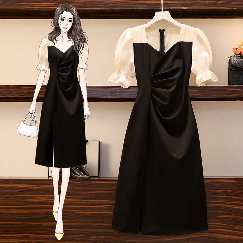 

L-4XL Plus Size Women Folds Elegantes Dress Black Summer 2021 Retro Square Collar Patchwork Puff Short Sleeve Loose Dress