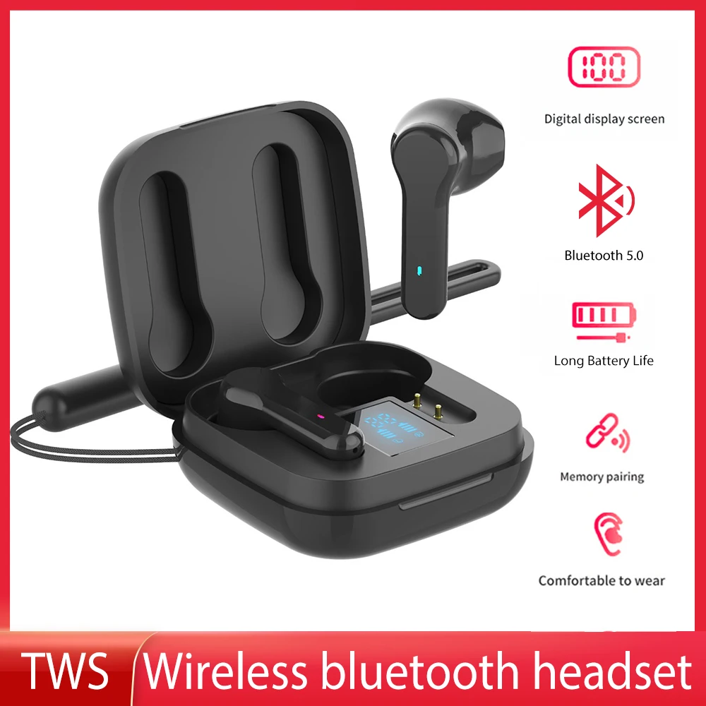 

TWS Bluetooth Earphone with Lanyard LED Battery Indicator Touch Control HIFI Stereo Wireless Headphones for Sports