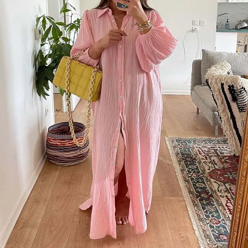 

Spring Long Sleeve Shirt Dress 2021 VONDA Women Casual Lapel Neck Party Maxi Dress Beach Bohemian Vestidos Loose Robes Femme