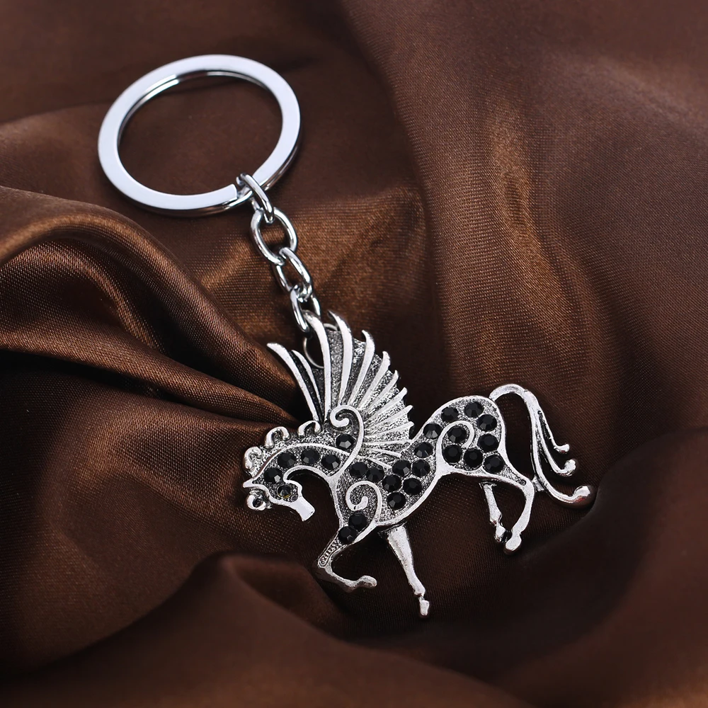12PC Black Crystal Rhinestone Horse Wing Pegasus Keychains Animals Charm Pendant Keyrings Women Men Friends Party Gifts Jewelry | Украшения