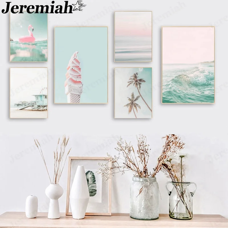 

Nordic Summer Beach Canvas Poster Pink Mint Blue Ice Cream Swimming Ring Painting Wall Art Modern Home Room Decoration