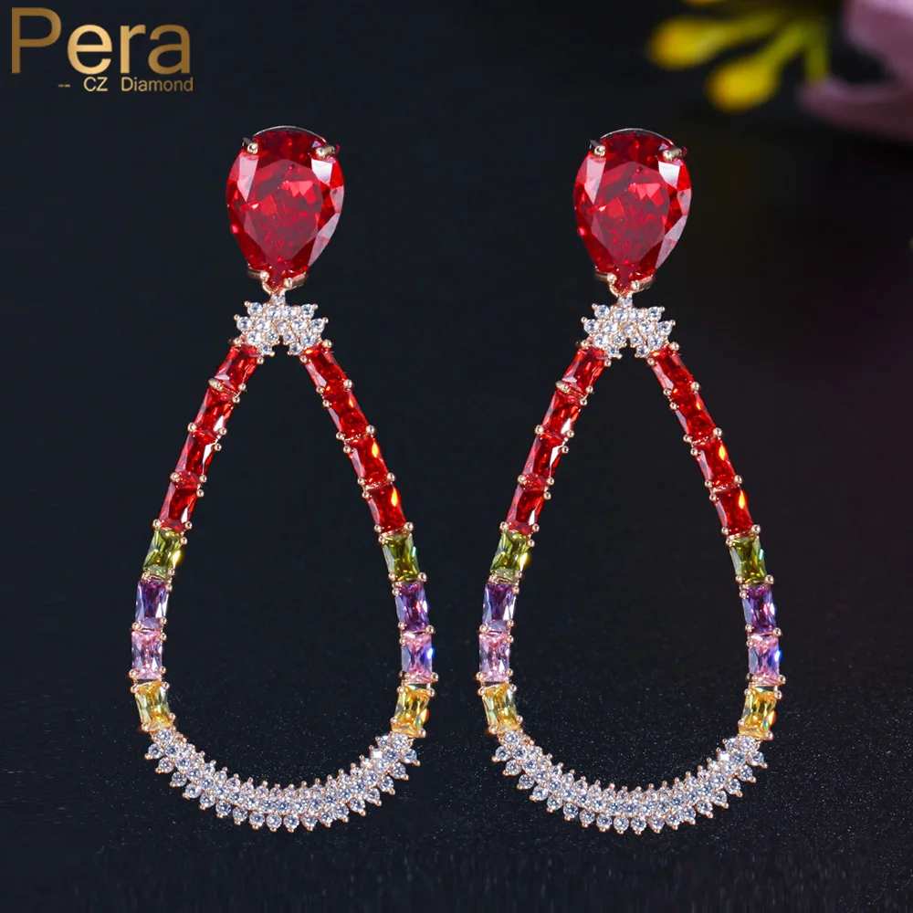 

Pera Noble Long Hollow Waterdrop Shape Drop Colorful CZ Crystal Gold Plated Dangle Earring for Women Weddding Party Jewelry E748
