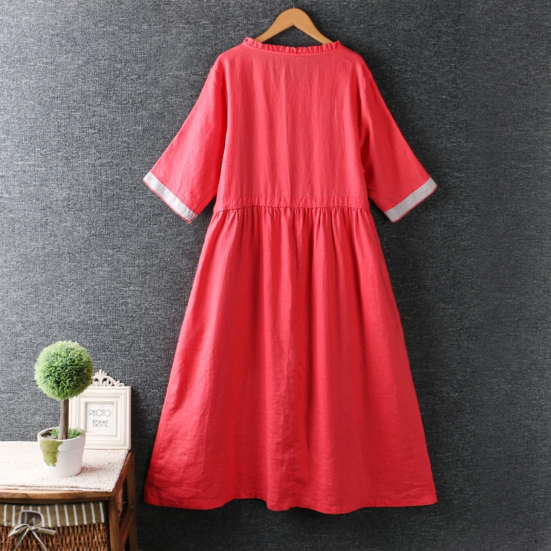 

Summer new women's fresh casual style drawstring waist cotton hemp short sleeve midi dress