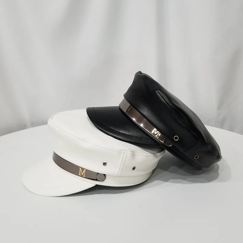 Осенняя и зимняя женская кожаная восьмиугольная шляпа черная английская плоская