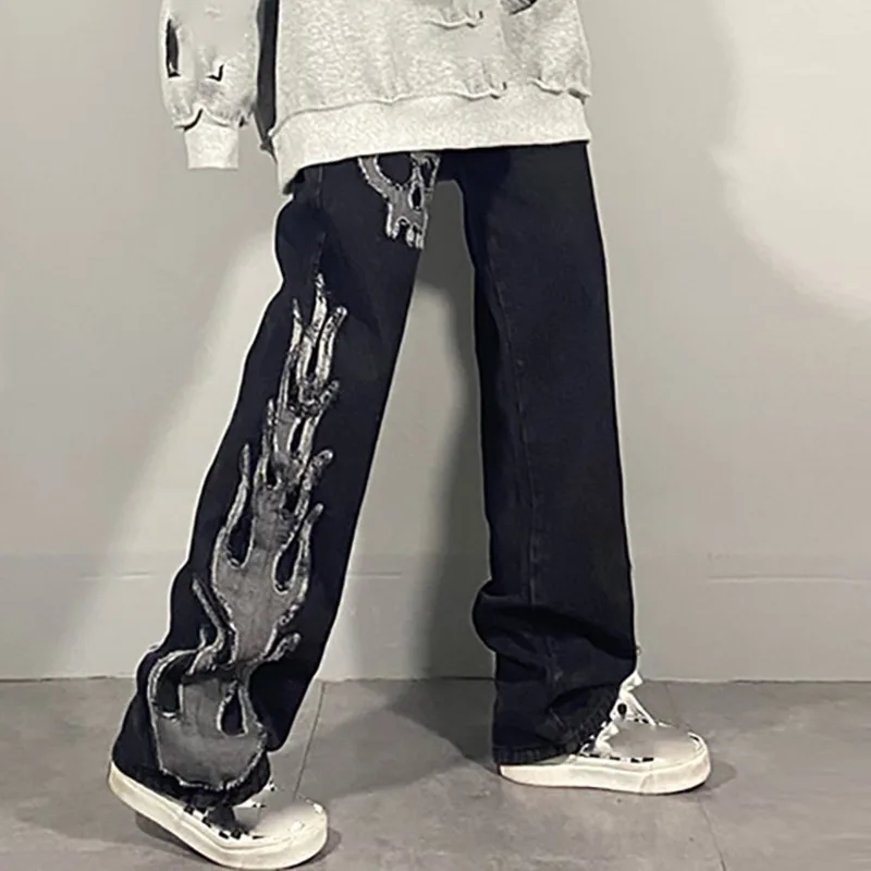 

Fashion Street Jeans Women's 2021 New Straight High Waist Wide Leg Hip Hop Jeans Skull Dark Color Water Scrubbing Denim Pants