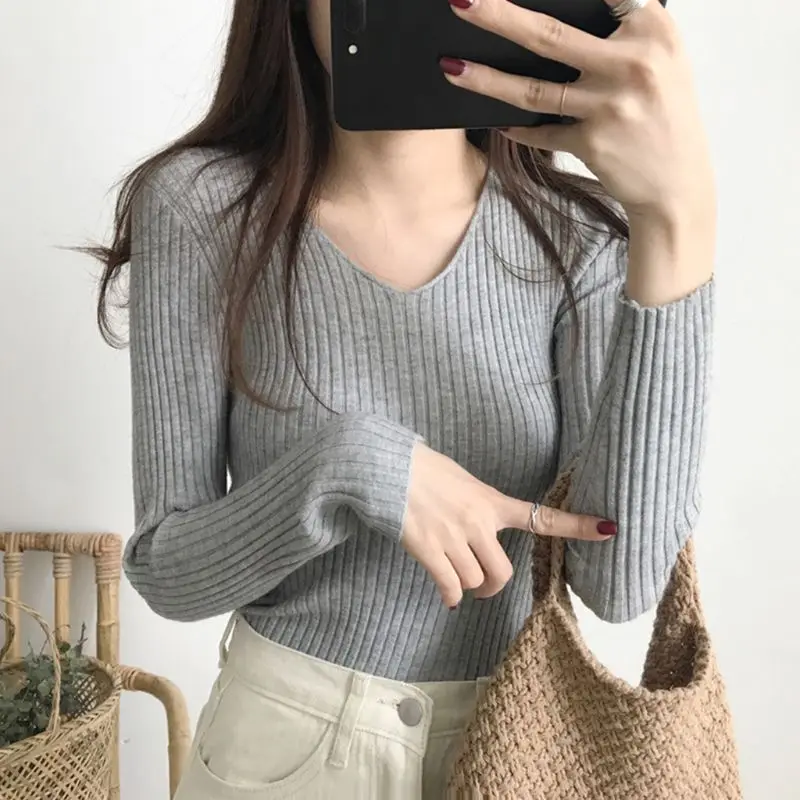 Women Basic V-Neck Sweater Solid Color Ribbed Knit Striped Pullover Jumper Tops | Женская одежда