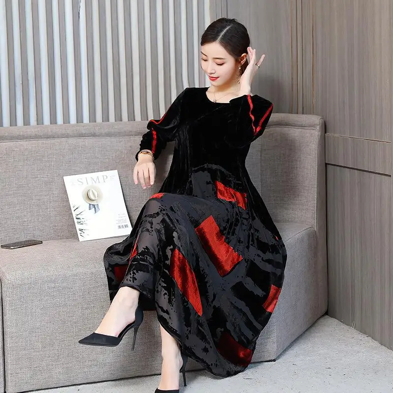 M-4XL размера плюс Макси платье вельветовое элегантное женское зимнее большого с