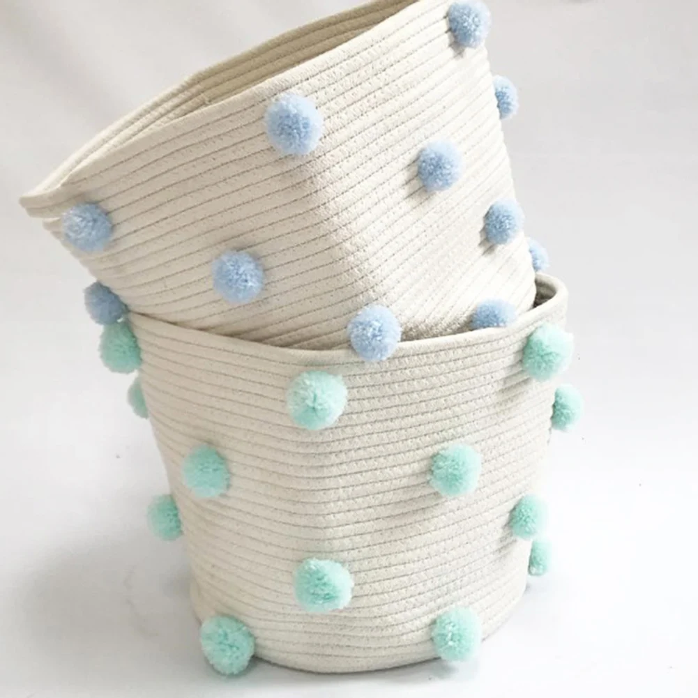 Pomp&oacute;n de punto de cuerda de algod&oacute;n de moda, cesta de seguridad para lavander&iacute;a, Cubo de almacenamiento de juguetes, utiler&iacute;a para fotos-2
