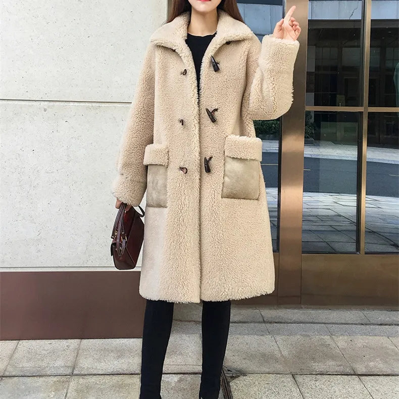 SY07 Fall winter women 30% real wool fur coat overcoat Horn buckle warm pocket sheep shearing girl fur coats lady long jacket