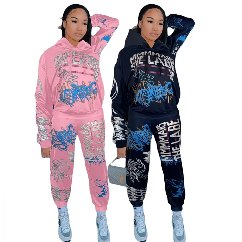 

2 Piece Set Women Fall Winter Clothes Letter Print Hooded Jacket Top Sport Pants Sweatsuit Jogger Outfit Wholesale Dropshipping