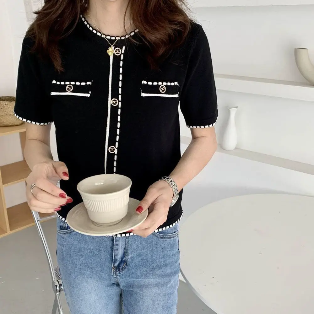 

Ice silk knitted cardigan summer 2021 new small fragrance summer short sleeve white T-shirt women's short round neck jacket tide