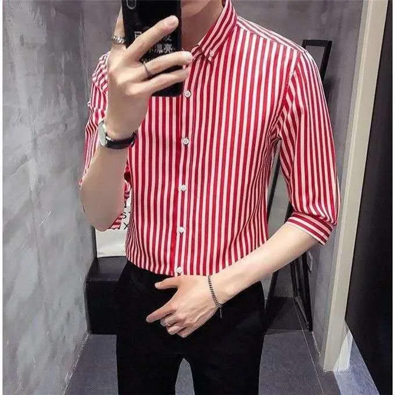 

New men's print seven minute sleeve striped shirt fashion casual ironing young men's shirt striped shirt men shirts