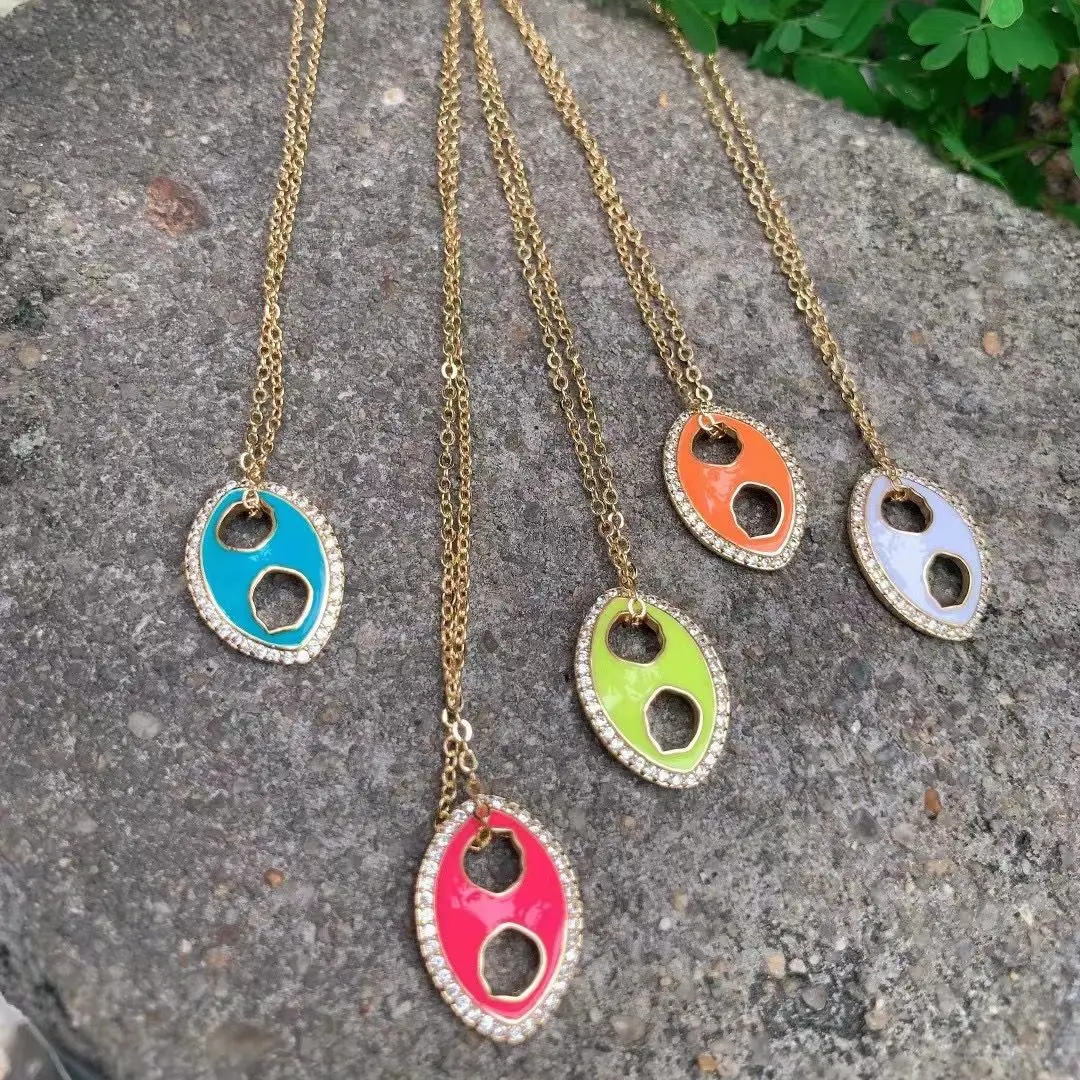 

5Pcs Fashion Minimal Enamel Pendants Necklaces CZ Pave Copper Pig Nose Link Chain Popular Women Girl Gift