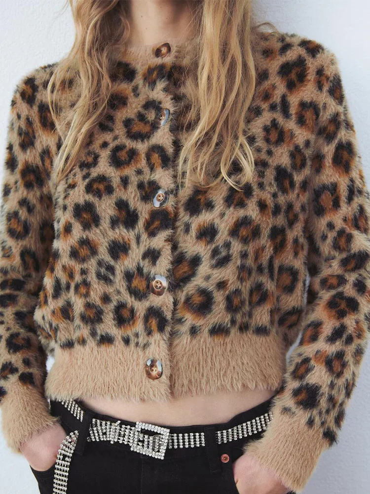 ZA winter new women's clothing street European and American style faux fur effect leopard print sweater knitted jacket