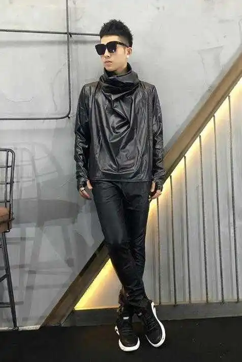 

Herfst nieuwe lange mouwen jas losse Mode Mannen leer t-shirt man tij effen kleur hoge kraag PU leer persoonlijkheid t shirt