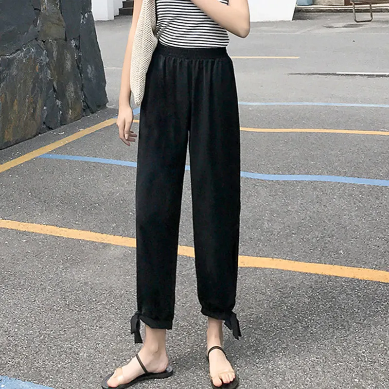 

Ladies Fashion Polyester Trousers Long Pants Chiffon Hollow Out All-Match Retro Women Loose Solid Color Pockets Streetwear