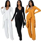 Женский офисный костюм из 2 предметов, Повседневная Свободная блузка с длинным рукавом и брюки с высокой талией, элегантный плиссированный бежевый костюм для работы и осени