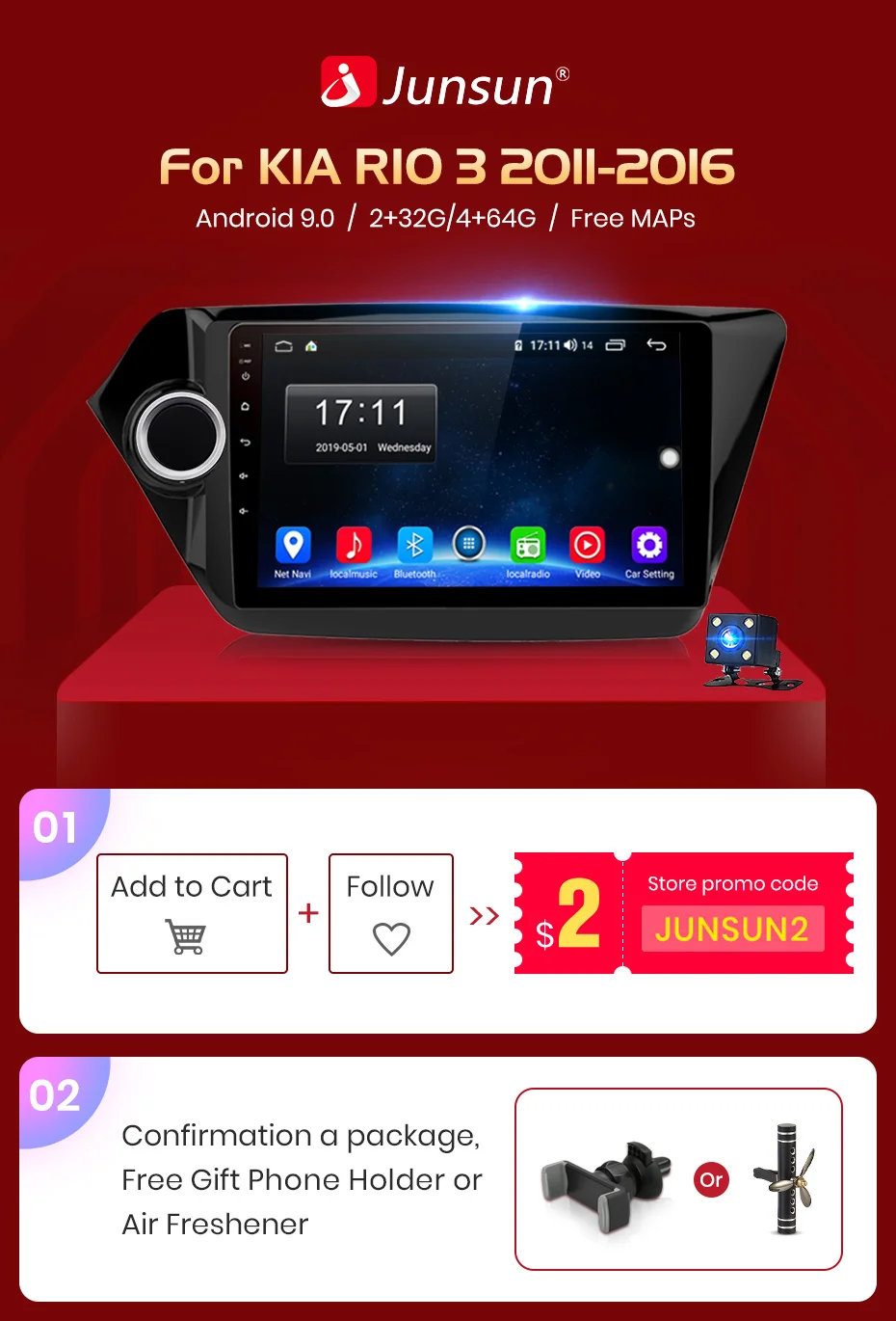 Junsun V1 Android 9,0 2G+ 32G DSP автомобильный Радио Мультимедиа Видео плеер навигация gps для KIA RIO 3 2011- rio седан 2 din без dvd