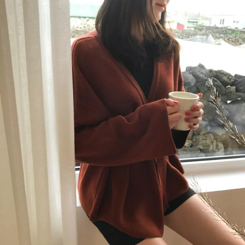 

NewLoose Women Cardigan Sweater Fashion Bandage Autumn Knitted Long Sleeve Tunic Coat V Neck Korean Chic Female Top 2021
